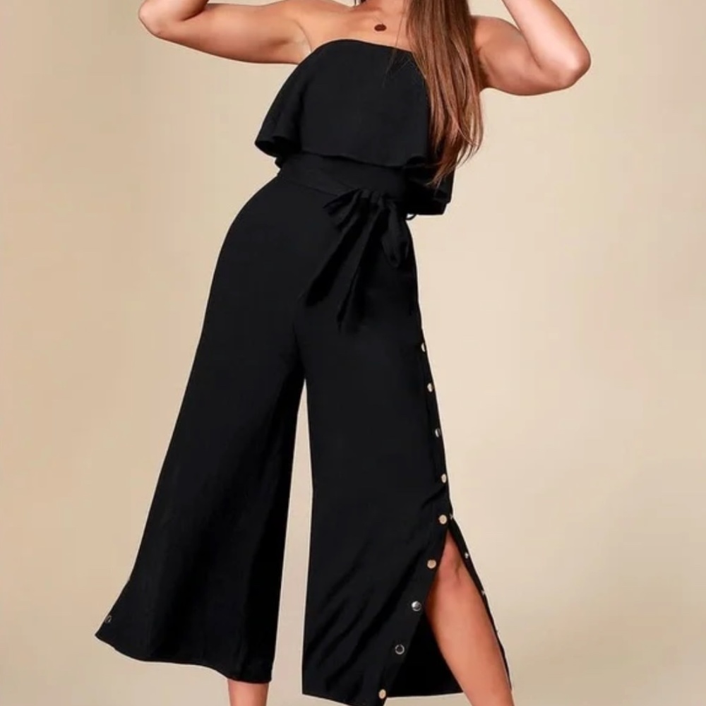 Lulus Strapless Black Linen-Blend Jumpsuit With Gold Button Detail Size Medium
